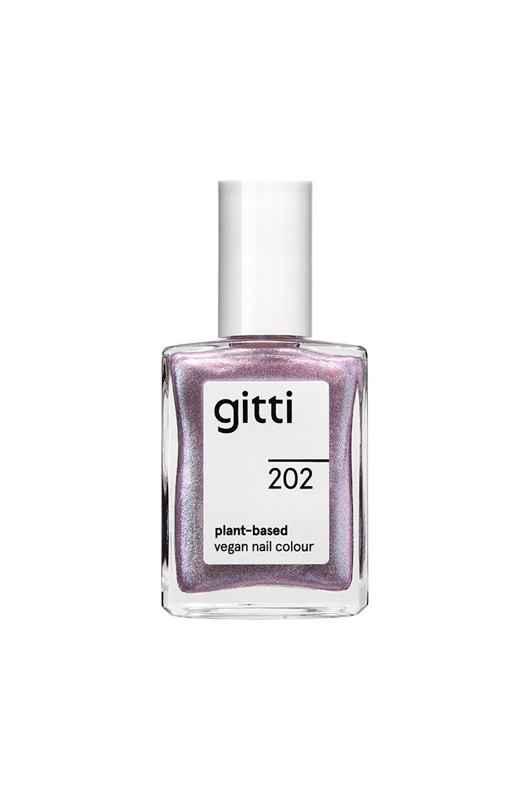 Eine Flasche gitti no. 202, eine vegane Nagelfarbe auf Pflanzenbasis in einem schimmernden Lavendelton mit weißer Kappe.