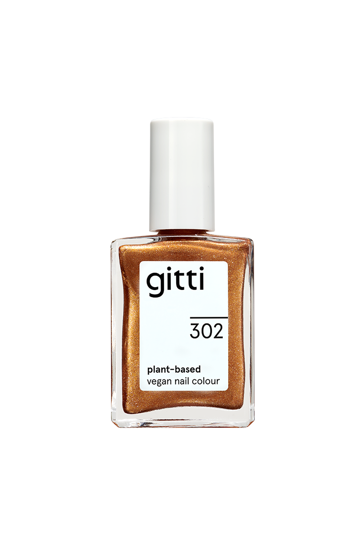 Eine Flasche gitti no. 302 pflanzliche vegane Nagelfarbe in Metallic-Bronzeton mit weißer rechteckiger Kappe.