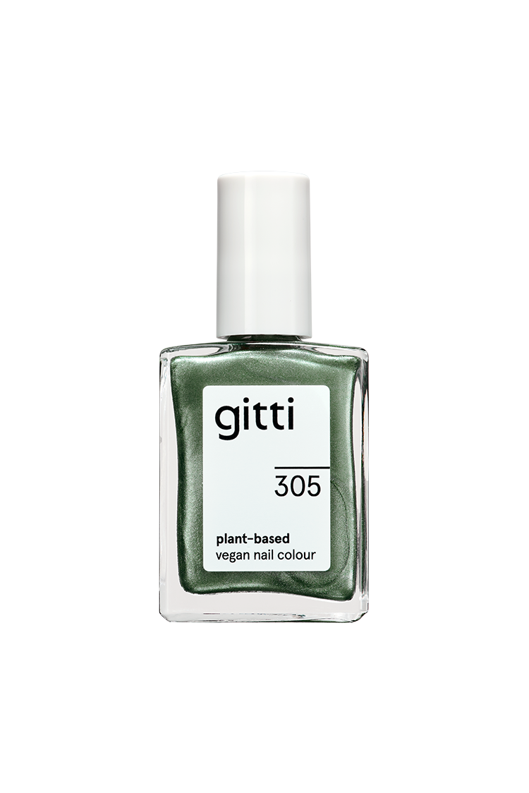 Eine Flasche gitti no. 305 pflanzlicher veganer Nagellack in grünem Metallic-Ton mit weißer Kappe, inspiriert von der Metallic-Version Nr. 121.