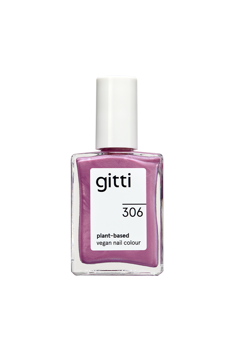 Eine Flasche gitti no. 306, eine vegane Nagelfarbe auf pflanzlicher Basis mit weißer Kappe und mauvefarbenem Lack mit violettem Unterton und dezentem metallisch-mauvefarbenem Finish.