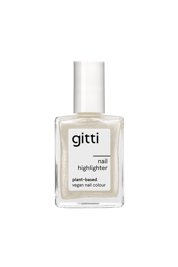 Eine durchsichtige Glasflasche Nail Highlighter mit weißer Kappe und einem Etikett mit der Aufschrift "Pflanzliche vegane Nagelfarbe für schimmerndes Finish auf deinen Nägeln".