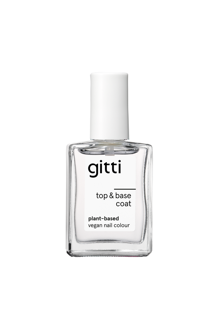 Der pflanzliche Top&Base Coat ist ein klarer, veganer Lack in einer minimalistischen Flasche mit weißer Kappe, der zusätzlichen Halt und Glanz für lang anhaltende, gesunde Nägel bietet.