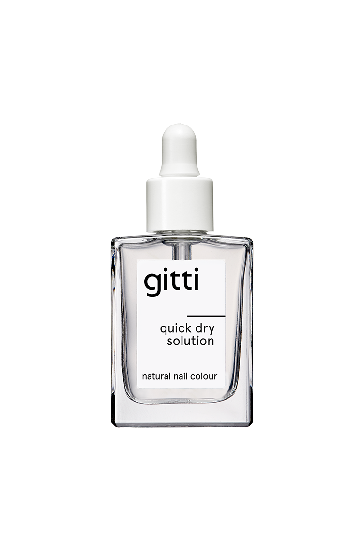Eine klare Glasflasche mit Quick Dry Solution, weißem Tropfverschluss und minimalistischem Etikett - perfekt, um Nagellack schnell trocknen zu lassen und sicherzustellen, dass Ihre Maniküre in kürzester Zeit fest wird.