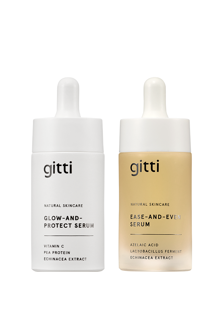 Das Serum Duo besteht aus zwei minimalistischen Pflegeflaschen - dem Glow-and-Protect Serum und dem Ease-and-Even Serum - mit weißem Tropfverschluss und ist damit die perfekte Wahl für deine Pflegeroutine.