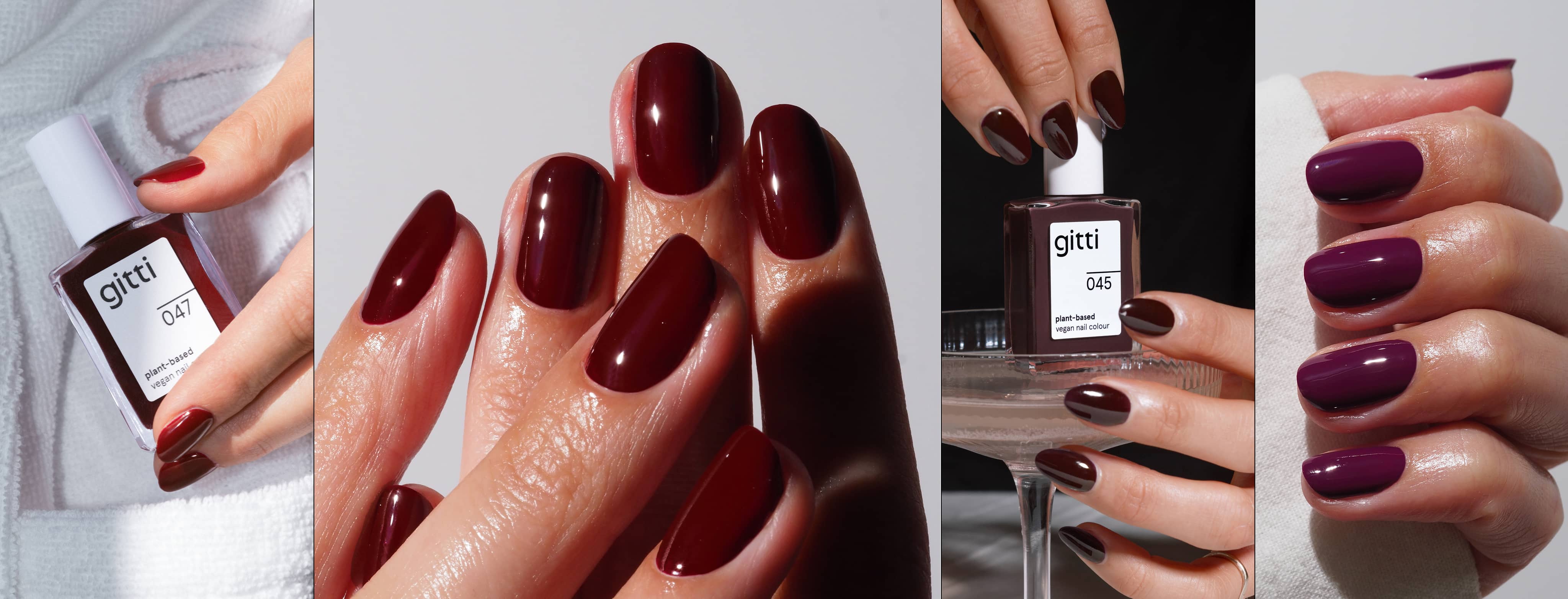 Collage aus vier Bildern, Nägel mit gitti Nagellack in den neuen Farben der Dark Bloom Collection