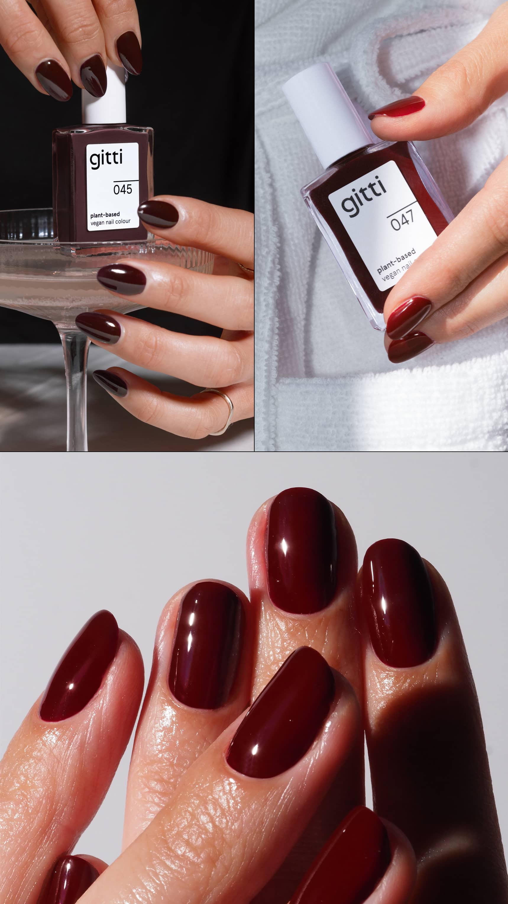 Collage zeigt drei Bilder mit Nägel lackiert in den Farben der Dark Bloom Collection