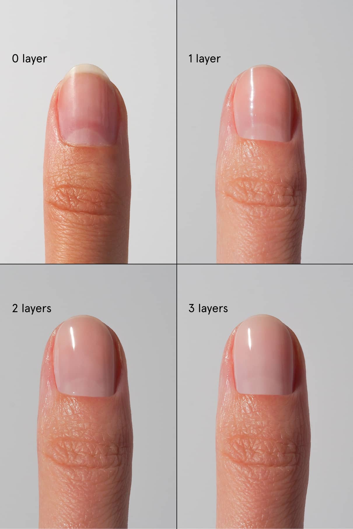 Vier Bilder zeigen einen Finger mit 0, 1, 2 und 3 Schichten Klarlack von oben links nach unten rechts - perfekt, um Ihr bevorzugtes Nail Mylk & Nail Smoothie Duo hervorzuheben.