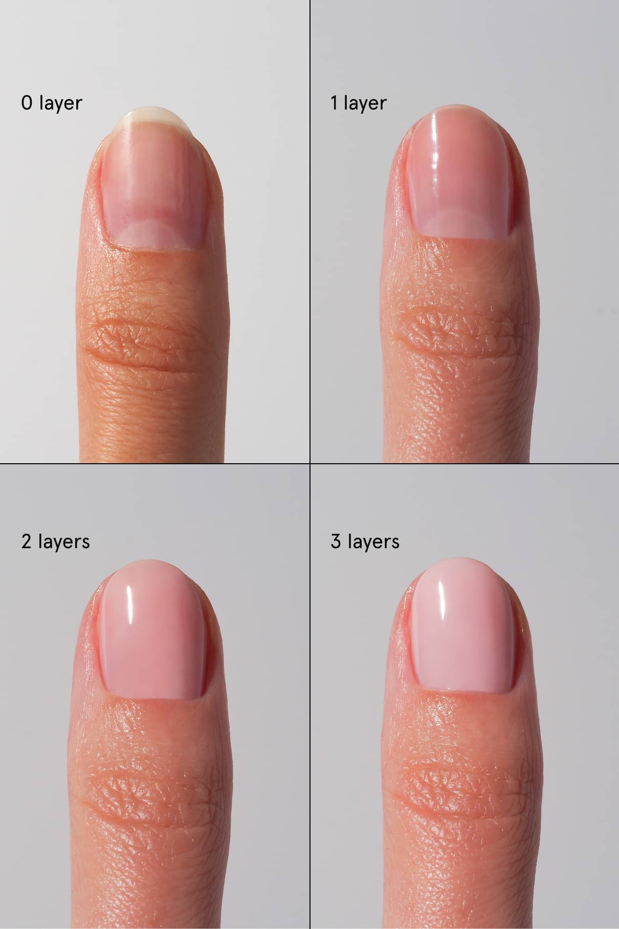 Vier Nahaufnahmen einer Fingerspitze mit 0, 1, 2 und 3 Schichten Nail Smoothie Pink Polish zeigen, wie jede Schicht die Farbdeckung und den Schutz als Teil Ihrer Nagelpflegeroutine erhöht.