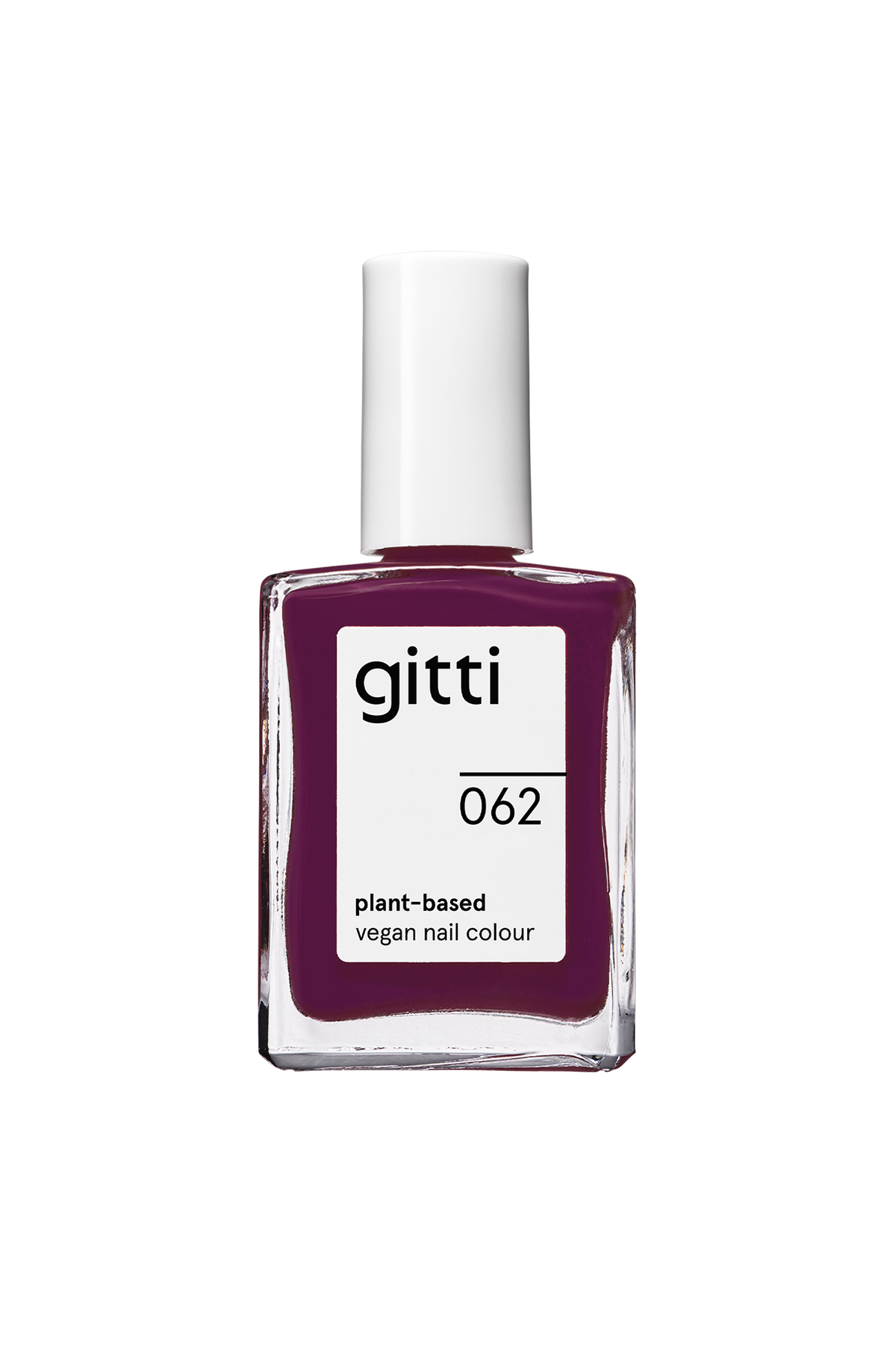 Eine Flasche „Gitti Nr. 062“, ein pflanzlicher, veganer Nagellack mit weißem Verschluss und tiefviolettem Lack mit einem rötlichen Unterton, vor einem schlichten weißen Hintergrund.