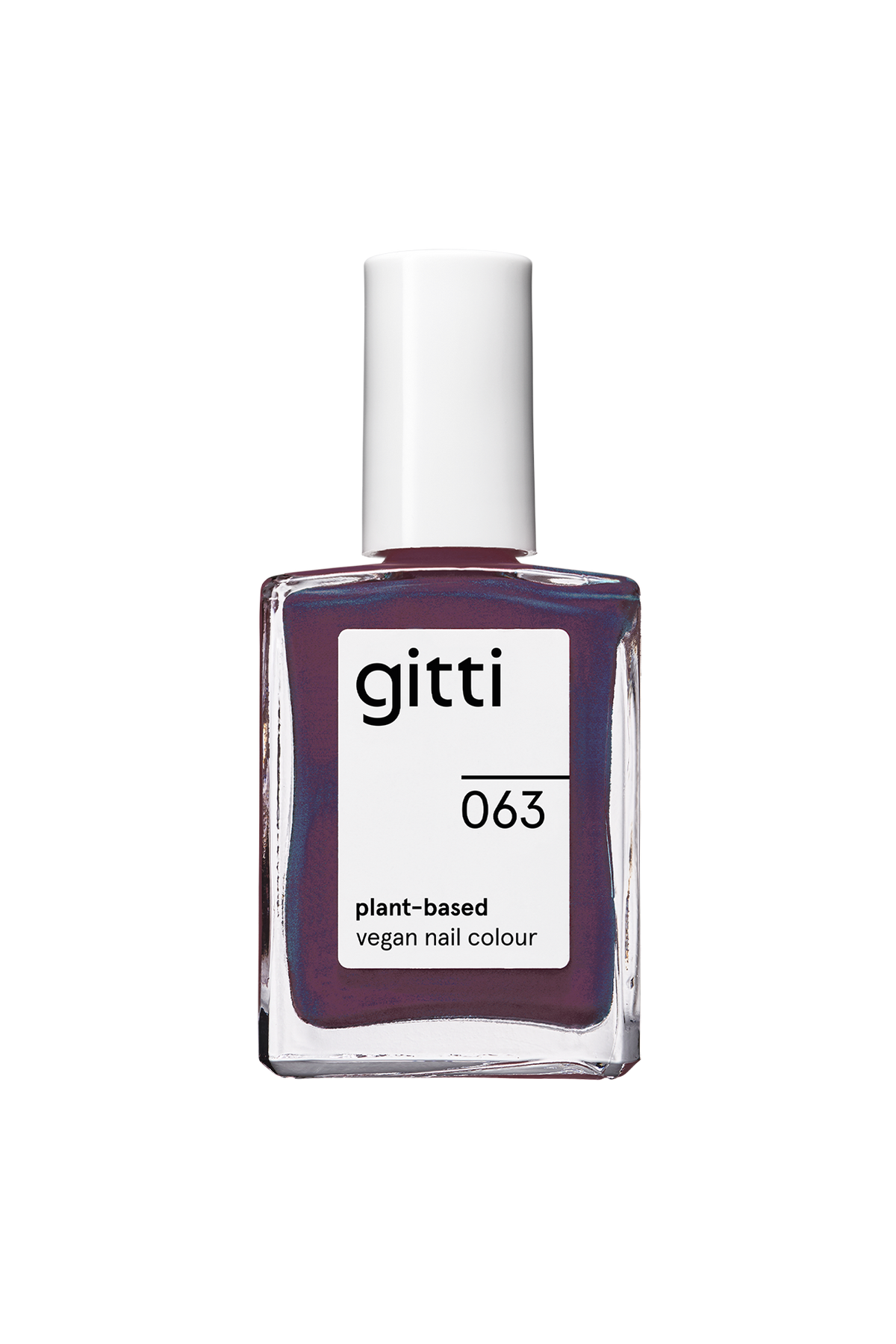 Eine Flasche des pflanzlichen, veganen Nagellacks „Gitti Nr. 063“ in einem halbtransparenten Pflaumenton mit dezentem Blauschimmer, versehen mit einem weißen Verschluss und verpackt in einem durchsichtigen, rechteckigen Fläschchen, fotografiert vor einem einfarbigen, hellen Hintergrund.