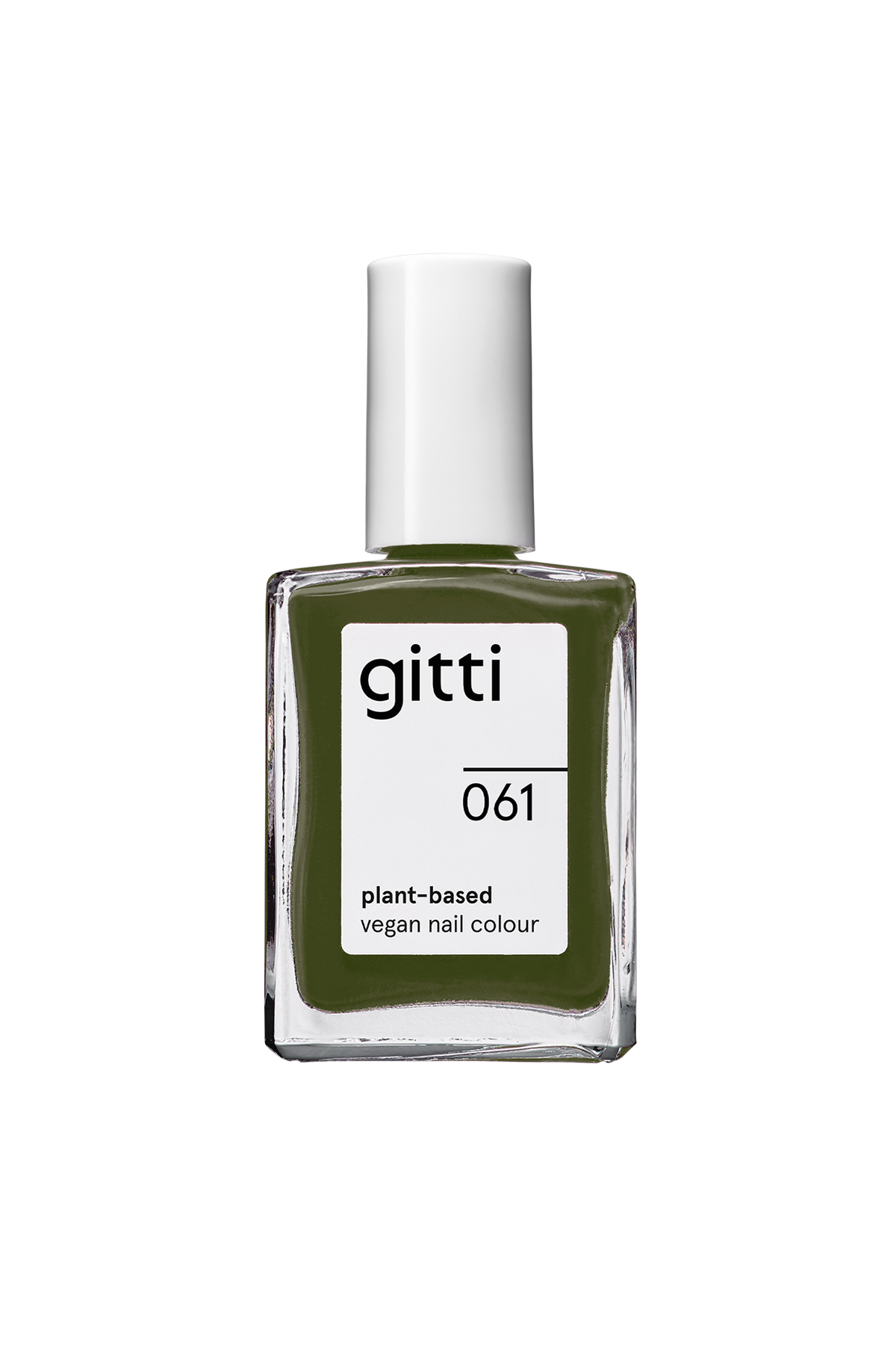 Eine durchsichtige Flasche mit dem Nagellack „Gitti Nr. 061“ in einem satten Olivgrün-Farbton, gekennzeichnet als pflanzlicher, veganer Nagellack.