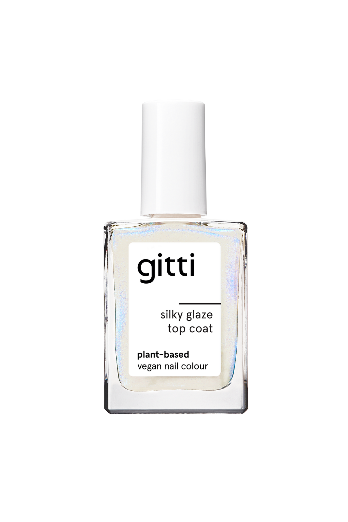 Eine durchsichtige Flasche „Silky Glaze Top Coat“, die als pflanzlicher und veganer Nagellack gekennzeichnet ist, mit einem weißen Verschluss vor einem schlichten Hintergrund. Dieser Überlack sorgt für ein glänzendes Finish, das Ihre Maniküre unterstreicht und schützt.