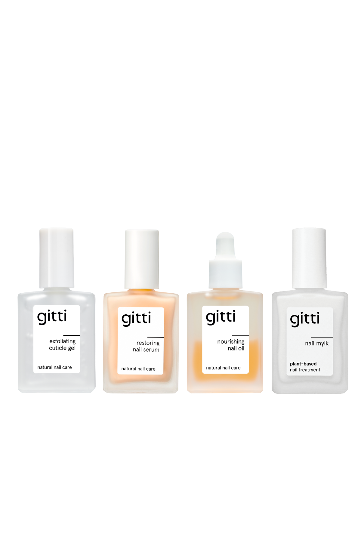 Vier Flaschen gitti Naturnagelpflege in Folge: Peeling-Häutchen-Gel, restaurierendes Nagelserum, nährendes Nagelöl und Nail Recovery Starter Treatment für stärkere Nägel und optimale Erholung.