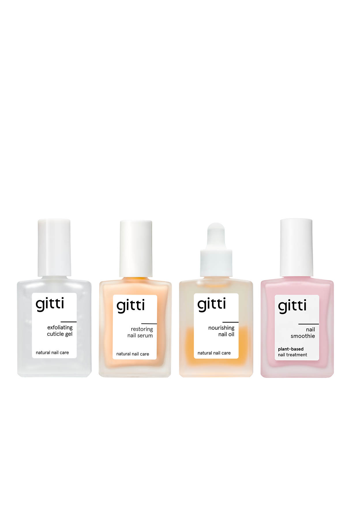 Vier Fläschchen von Gitti's Nail Recovery Starter Treatment - Nagelhautpflege-Gel, restaurierendes Nagelserum, nährendes Nagelöl und Nagelglätter - in einer Reihe angeordnet für hydratisierte Nägel und als Teil Ihrer täglichen Reparaturroutine.
