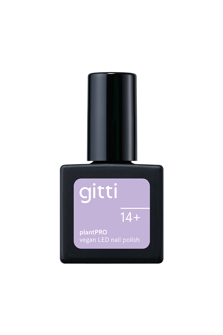 Eine Flasche gitti no. 14+ plantPRO veganer LED-Nagellack mit schwarzer Kappe und lavendelfarbenem Etikett mit der Aufschrift "Intensives Lavendel mit kaltem Unterton.