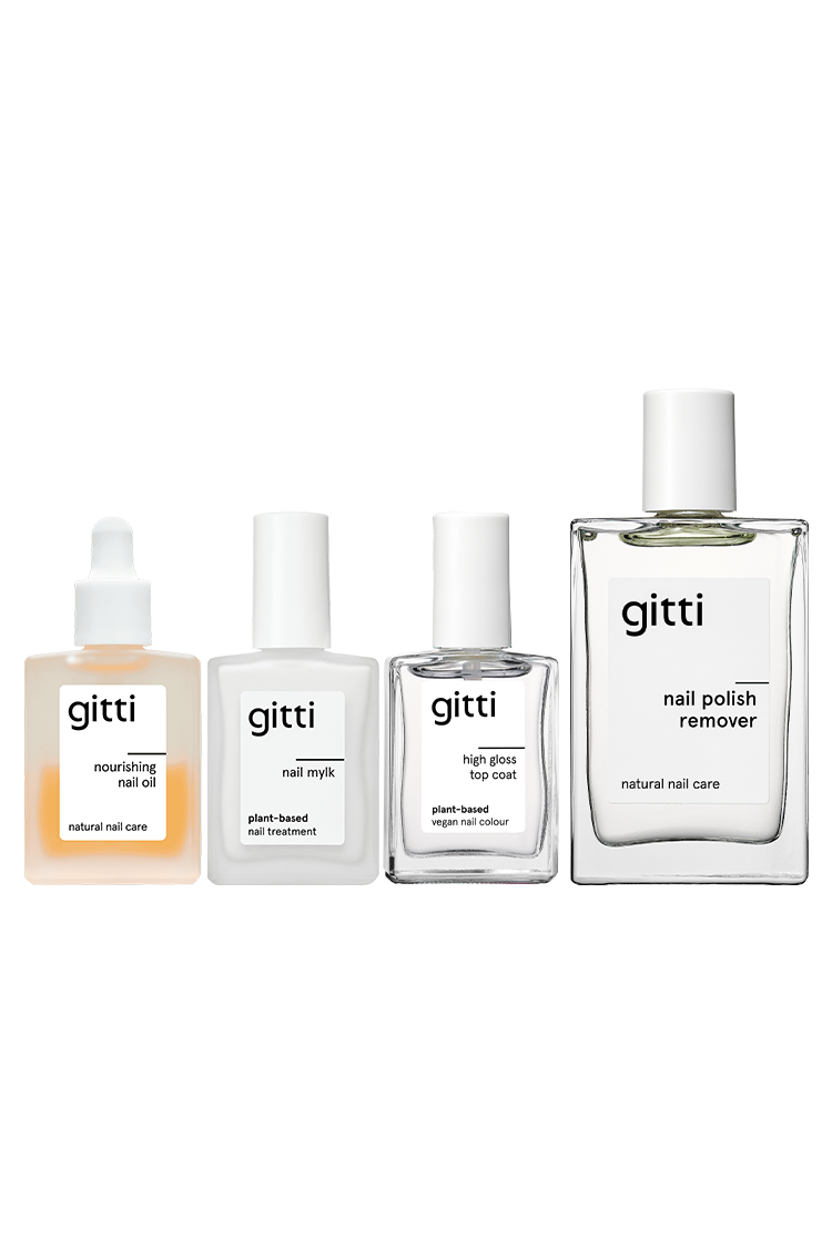 Das „Treat & Gloss All-in-One“ von gitti ist vor einem schlichten weißen Hintergrund arrangiert und bildet so das perfekte Nagelpflege-Set.