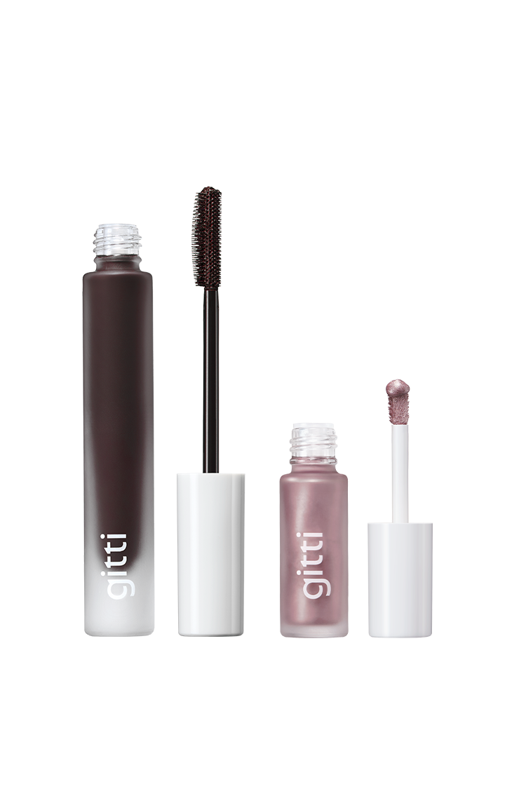 Das Essential Eye Duo besteht aus zwei offenen Gitti-Behältern mit Applikatoren - einem für Mascara und einem für Lidschatten - vor einem weißen Hintergrund.