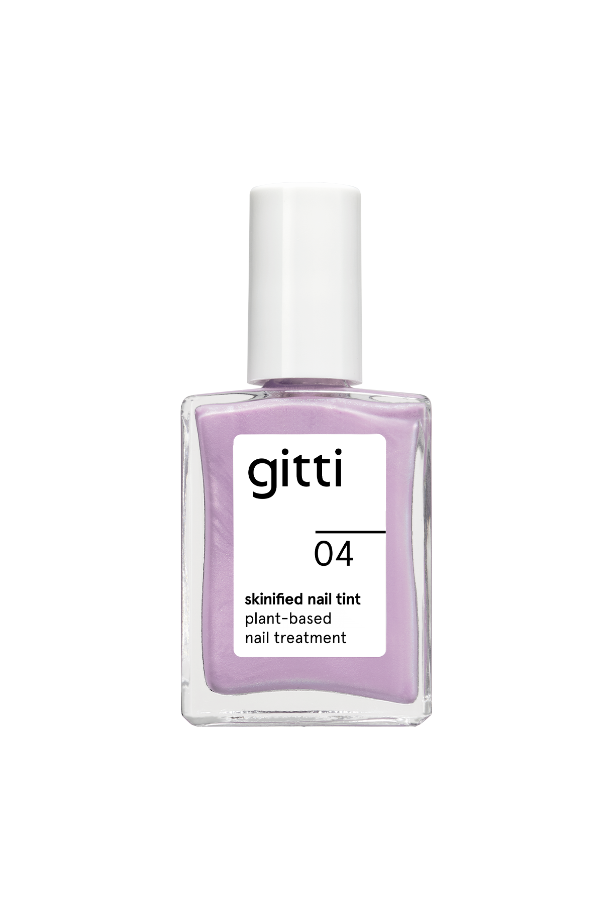 Skinified Nail Tint 04 ist eine klare Glasflasche mit der pflanzlichen Nagelpflege von gitti in einem leichten Lila-Ton, angereichert mit Vitamin C und mit einer weißen Kappe versehen.