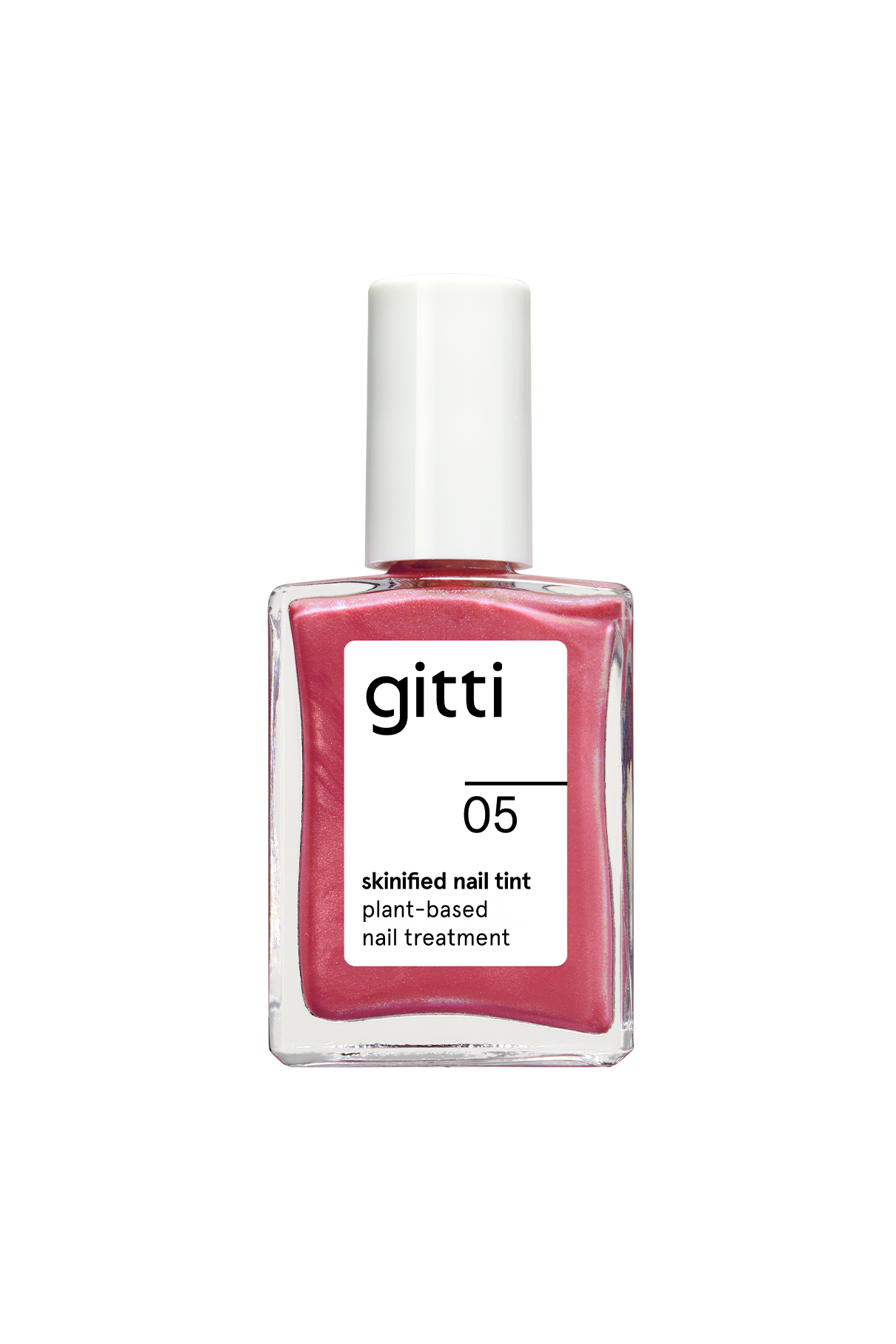 Eine Flasche Skinified Nail Tint 05 in Rosa mit weißer Kappe und Etikett, eine pflanzliche Nagelfarbe, die mit Vitamin C angereichert ist und für gesunde, strahlende Nägel sorgt.