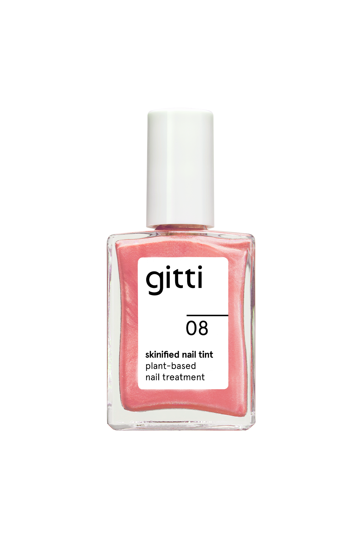 Eine Flasche Skinified Nail Tint 08, ein rosafarbener Nagellack auf Pflanzenbasis mit Hyaluronsäure für zusätzliche Pflege, wird mit einer weißen Kappe geliefert.
