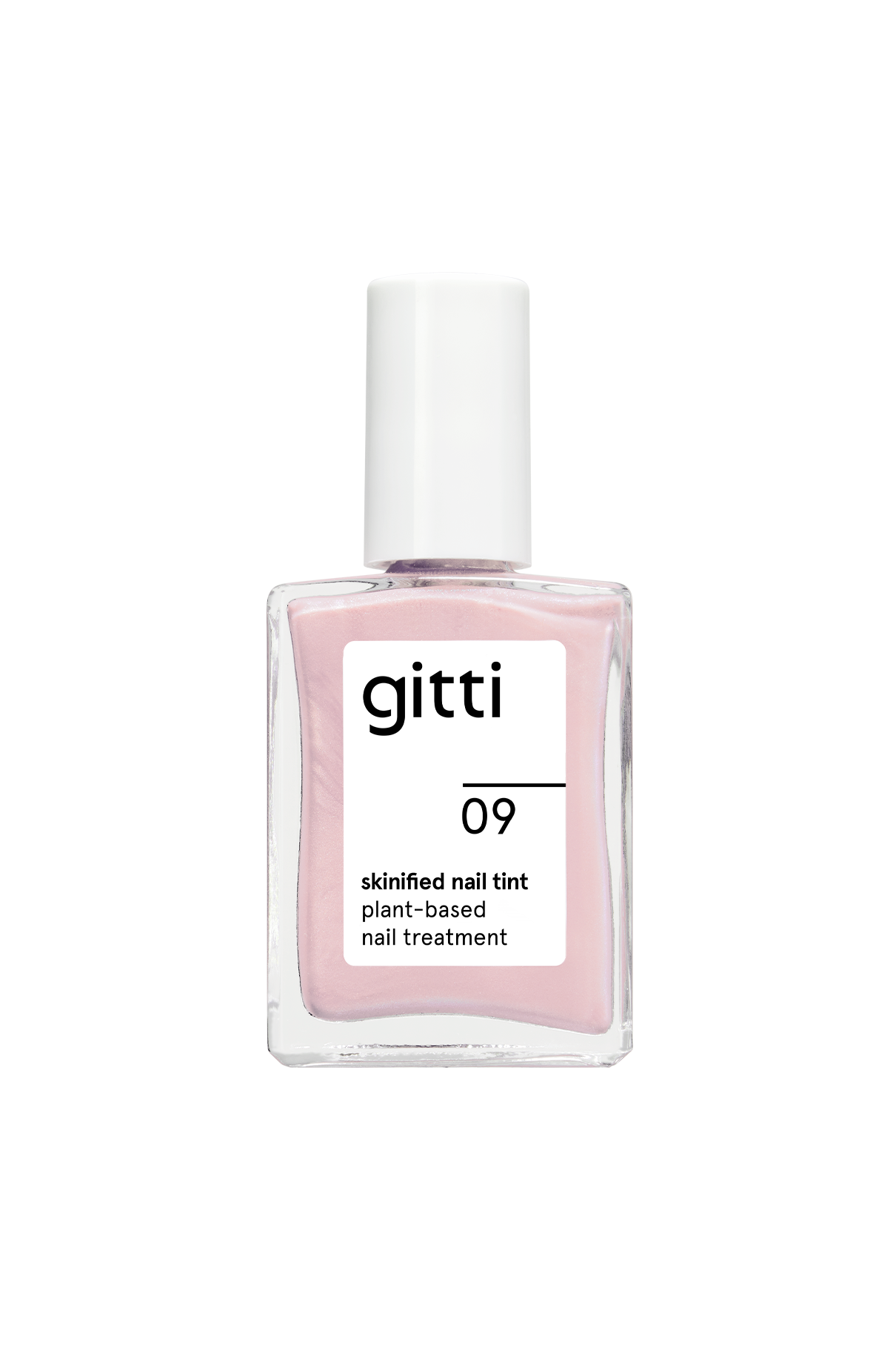 Eine Flasche Skinified Nail Tint 09, eine pflanzliche Nagelbehandlung mit hellrosa Lack, Vitamin C und einer weißen Kappe.