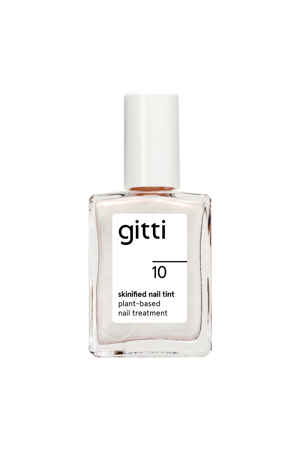 Eine Klarglasflasche Skinified Nail Tint 10 Nagelpflege mit Hyaluronsäure mit weißer Kappe und einer pflanzlichen Formel auf Gitti-Basis wird vor einem schlichten hellen Hintergrund gezeigt.
