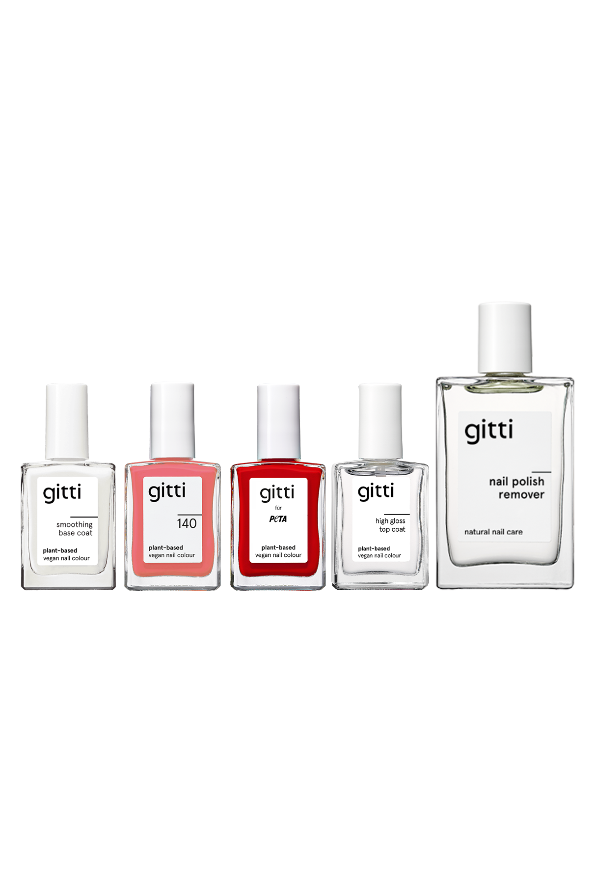 Fünf klare Glasflaschen aus dem All-in-One-Set von Gitti stehen in einer Reihe, jede mit einem weißen Verschluss und beschriftet für bestimmte Schritte der Nagelpflege: leuchtende Nagelfarben, pflegender Base Coat, schützender Top Coat, Nagellack und sanfter Nagellackentferner.