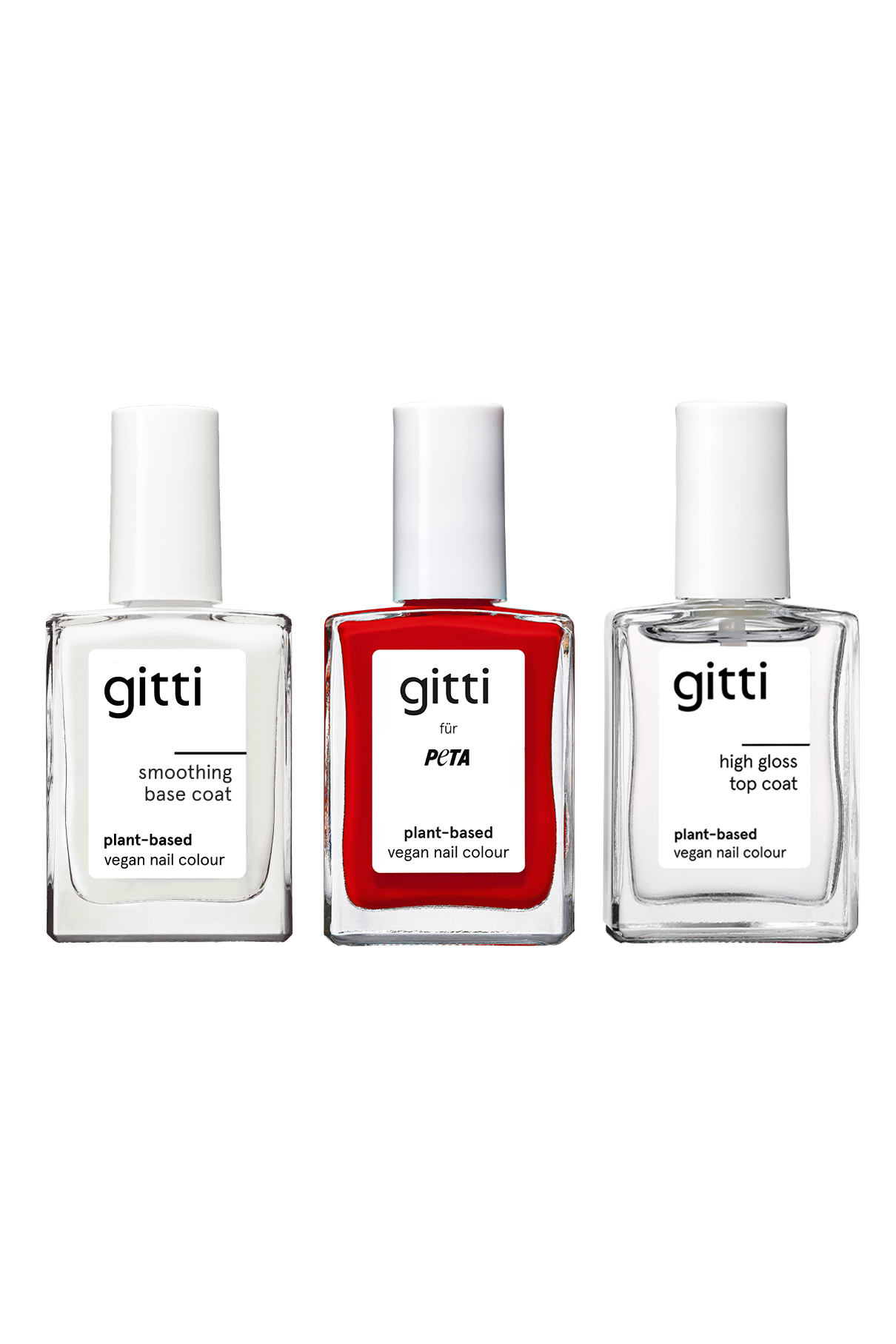 Drei Flaschen aus der „Infinite Gloss“-Serie – der glättende Unterlack, der leuchtend rote Nagellack für PETA und der Hochglanz-Überlack – sind nebeneinander auf einem weißen Hintergrund angeordnet.