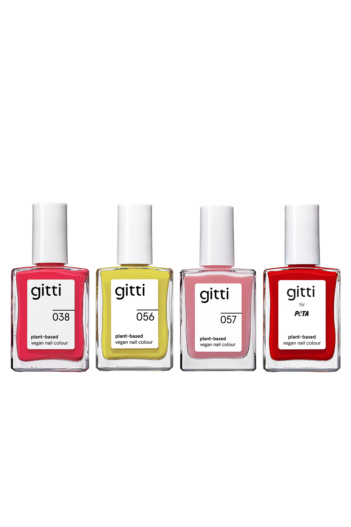 Vier Fläschchen aus der „gitti Plant Collection“ – vegane Nagellacke auf pflanzlicher Basis in vier Farben: Pink, Gelb, Hellrosa und Rot –, die jeweils mit einer Nummer oder einem Schriftzug beschriftet sind, reihen sich vor einem weißen Hintergrund aneinander. Kombinieren Sie sie mit Top- und Base-Coats für ein makelloses Finish.