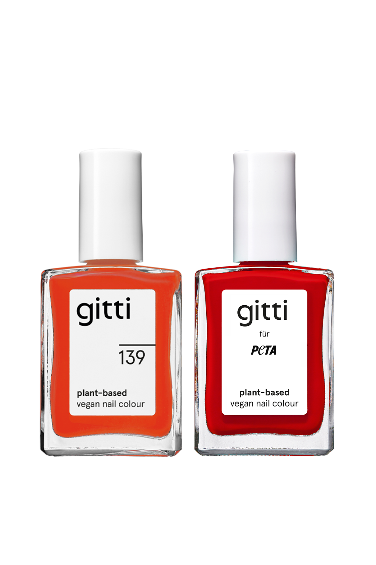 Zwei Flaschen aus dem „Plant Duo“-Set von gitti – in einem leuchtenden Orangeton (139) und einem kräftigen Rotton (für PETA), beides vegane, pflanzliche Nagellacke mit weißen Verschlüssen – werden als 15-ml-Set in zwei Farben vor einem schlichten weißen Hintergrund präsentiert. Ideal zum Kombinieren mit Ihren Lieblings-Top- und Base-Coats.