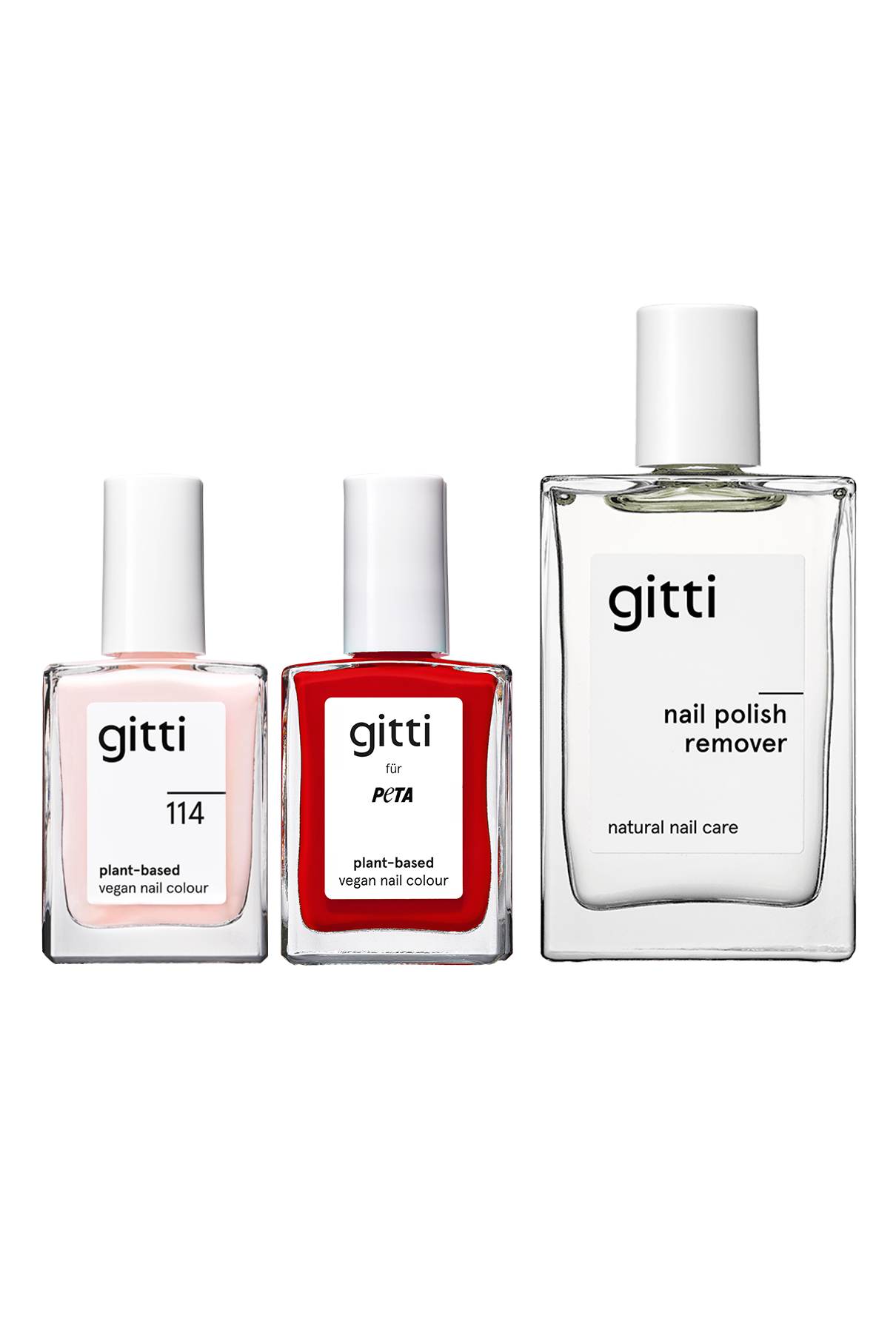 Wir stellen vor: das „Plant Duo + Remover“ – ein Gitti-Set mit zwei pflanzlichen, veganen Nagellackfarben – einer in Hellrosa und einer in Rot – sowie einem klaren, natürlichen Nagellackentferner. Perfekt in Kombination mit jedem Gel-Nagellack-Set oder Ihren Lieblings-Top- und Base-Coats.