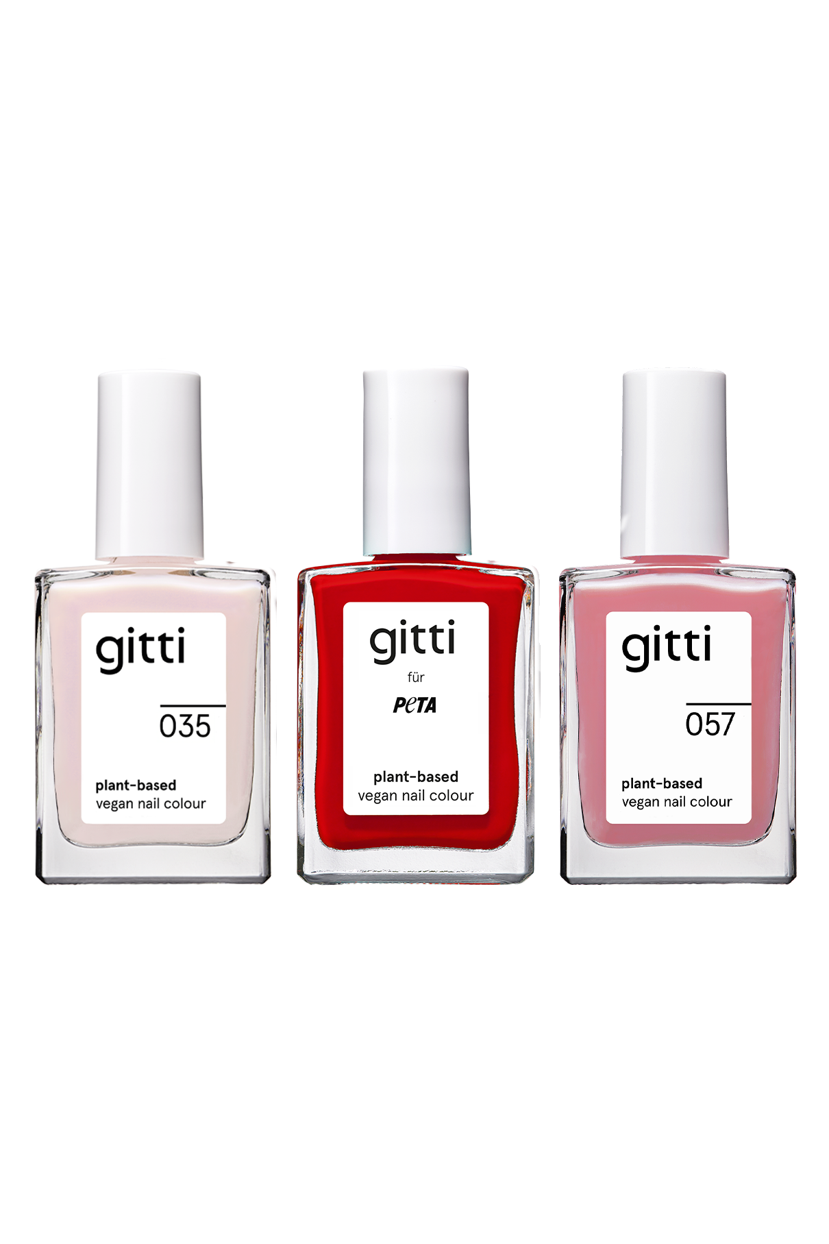 Entdecken Sie das „Plant Trio“: ein Nagellack-Set mit drei Fläschchen veganem Nagellack auf pflanzlicher Basis von „gitti“ in den Farbtönen 035 (Creme), einem Rot für PETA und 057 (Hellrosa), die elegant nebeneinander auf weißem Hintergrund angeordnet sind. Kreieren Sie Ihre ideale Maniküre und kombinieren Sie die Lacke mit Ihrem Lieblings-Topcoat oder -Basislack für ein makelloses Finish.
