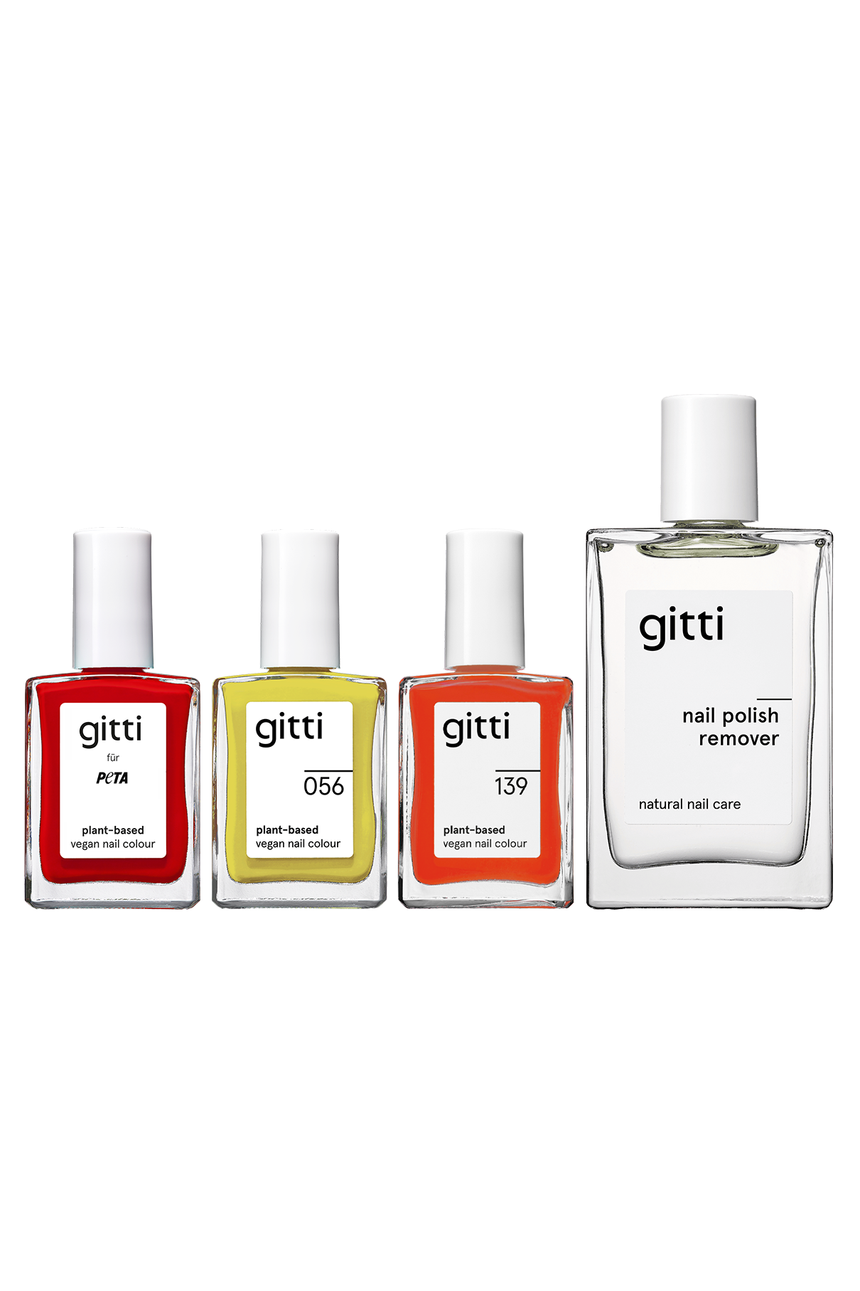 Aus dem „Plant Trio + Remover“-Set sind vier durchsichtige Fläschchen aufgereiht: drei pflanzliche Nagellacke in Rot, Gelb und Korallenrot sowie ein durchsichtiges Fläschchen mit Nagellackentferner, alle mit der Aufschrift „gitti“.