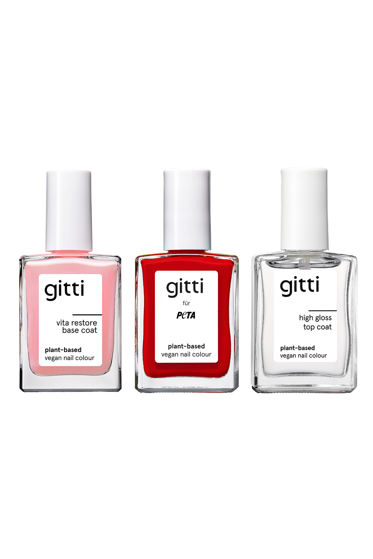 Drei Flaschen aus dem „Strengthening Nail Kit“ – bestehend aus einem rosa Unterlack für starke Nägel, einem leuchtend roten Lack und einem klaren, hochglänzenden Überlack –, jeweils mit weißen Verschlusskappen, vor weißem Hintergrund.