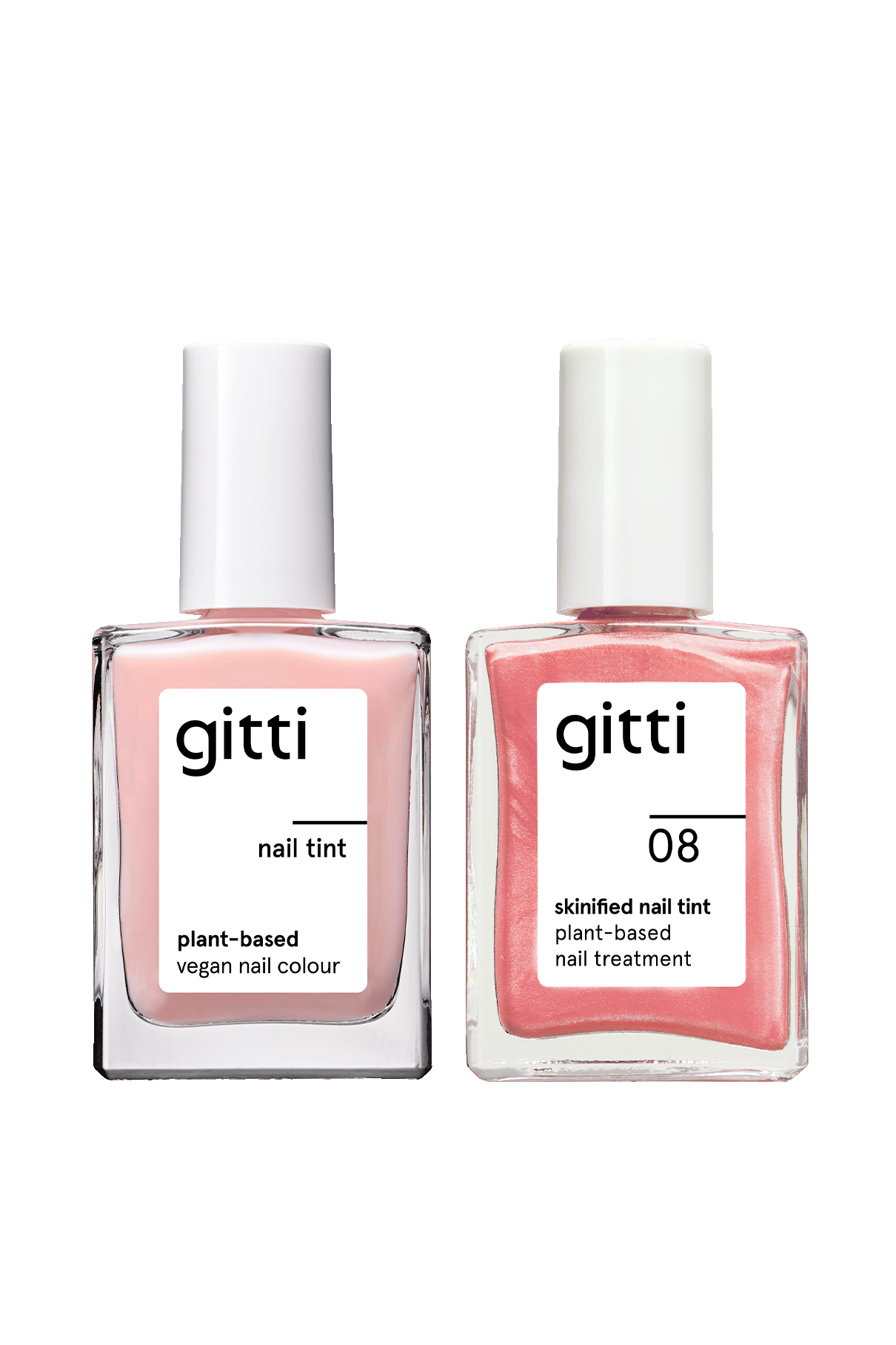 Das Treatment Duo enthält zwei 15 ml Gitti Nagelfarben - eine pflanzliche, vegane und eine 08 skinified - beide ideal für Nagelbehandlungen.
