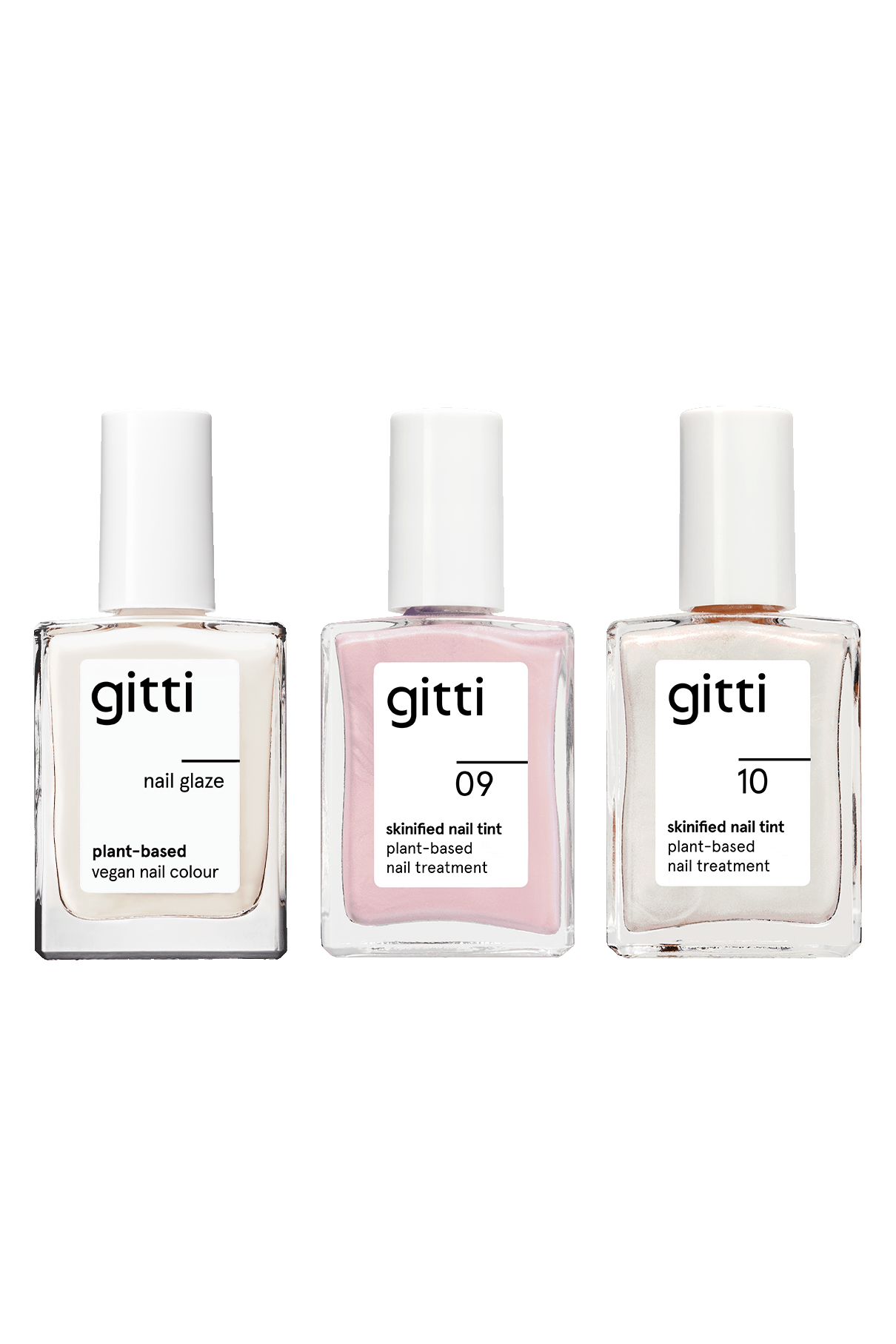 Das Treatment Trio Set enthält drei gitti Nail Treatments - Nail Glaze, Skinified Nail Tint 09 und Skinified Nail Tint 10 - jeweils in einer klaren, rechteckigen 15-ml-Flasche mit weißer Kappe, die nebeneinander präsentiert werden.