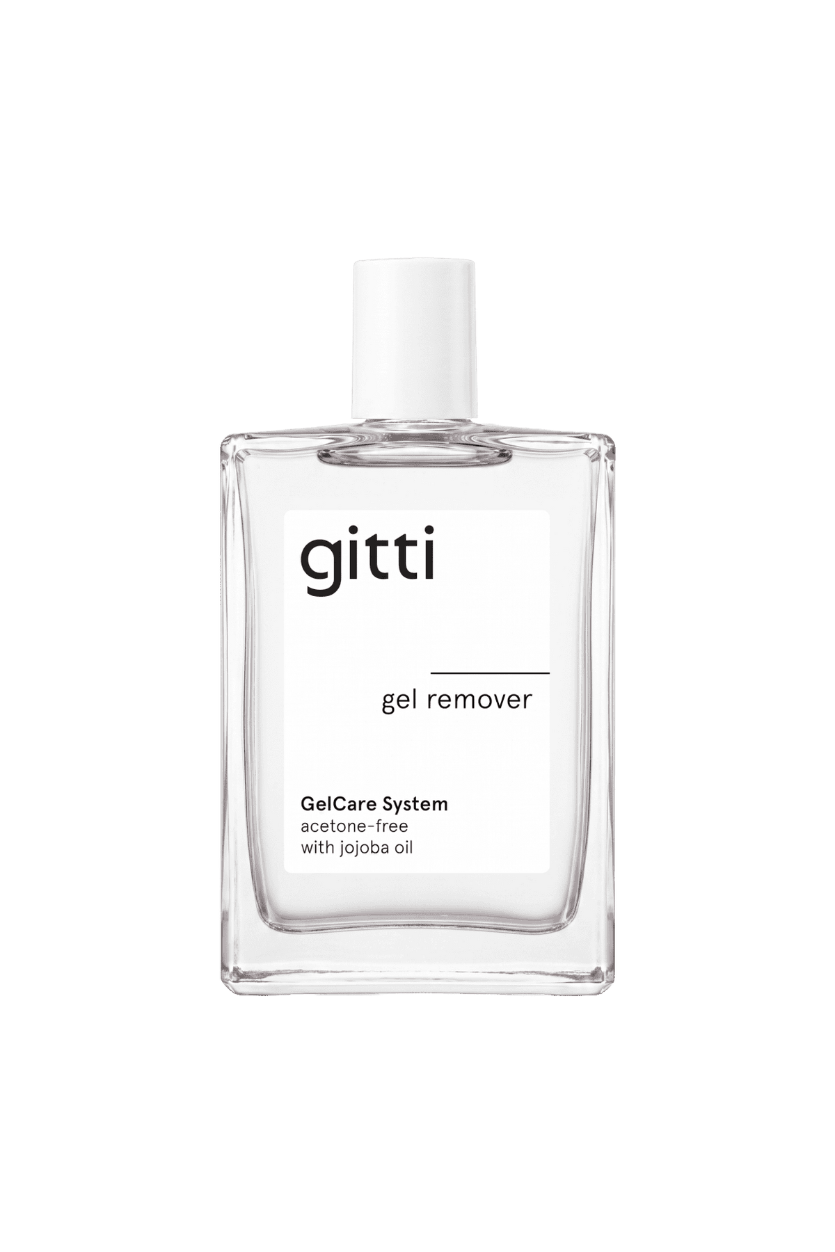 Eine rechteckige Glasflasche mit GelCare Remover, auf deren weißem Etikett gitti, Gel Remover, GelCare System und mit Jojobaöl steht.