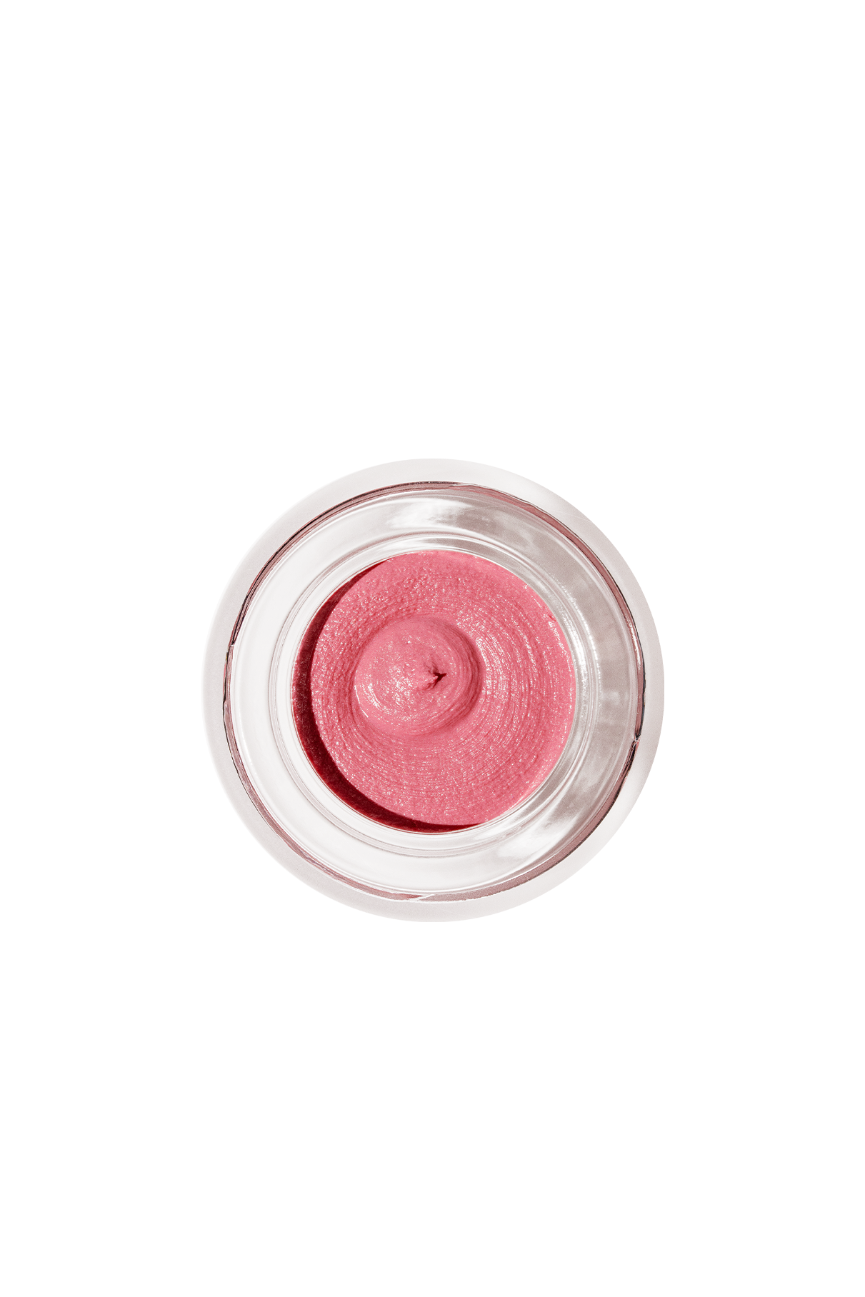 Ein kleiner Glastiegel von Velvet Cheeks no. 03 mousse blush ist von oben auf weißem Hintergrund zu sehen; das silikonfreie rosa Creme-Make-up versprüht einen sanften, zarten Charme.