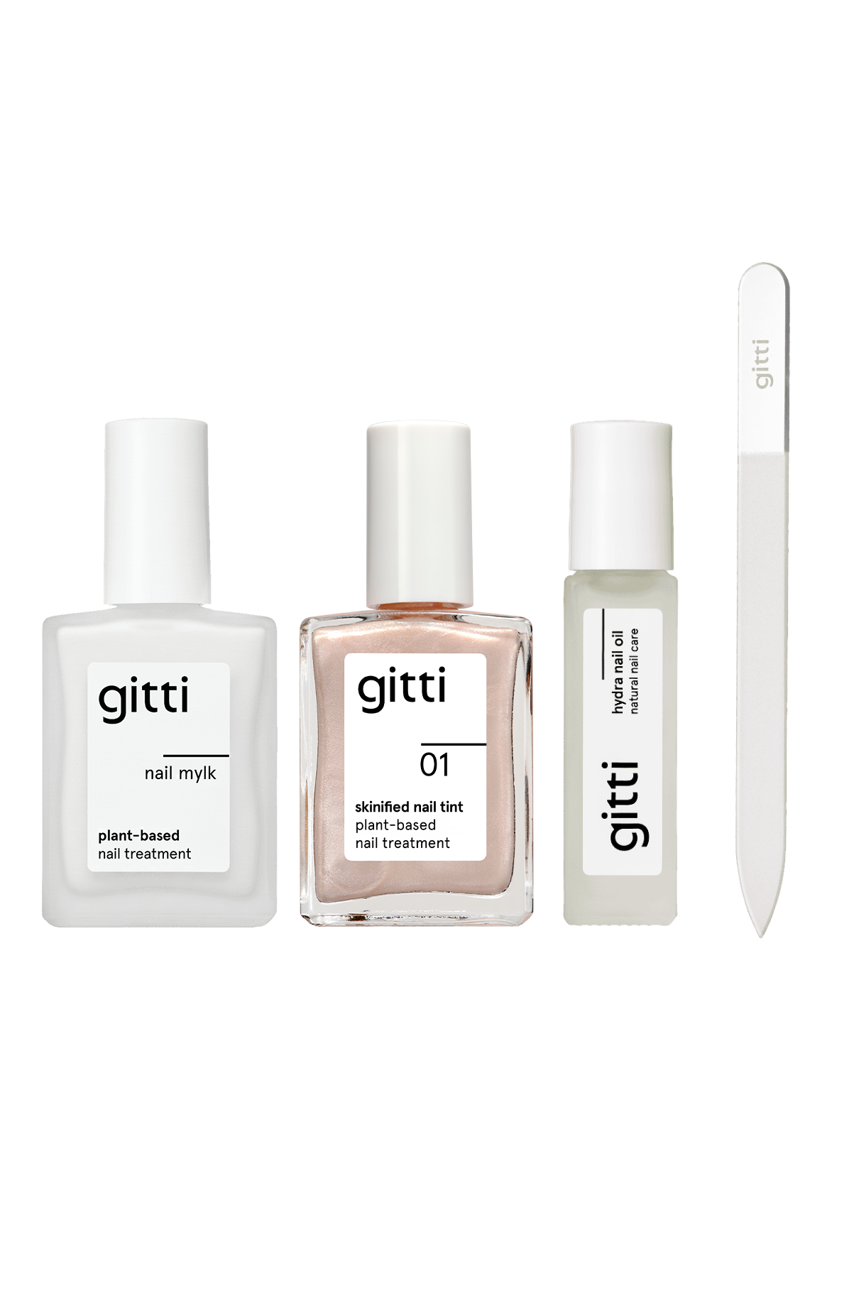 Das Nail Essential Starter Set wird in einer Reihe mit Nagelmylk, Nagelfarbe, Nagelöl und einer Glasnagelfeile mit weißen Kappen auf einem schlichten Hintergrund präsentiert.