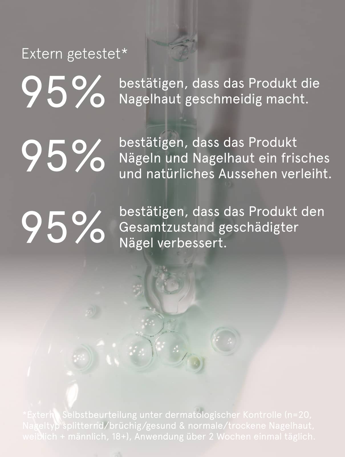 Das oben abgebildete „Aloe Drop Nail Concentrate“ mit transparentem Gel-Serum und Glaspipette – übersetzte deutsche Produkttestergebnisse zeigen, dass 95 % der Tester Verbesserungen beim Aussehen ihrer Nägel und Nagelhaut festgestellt haben.