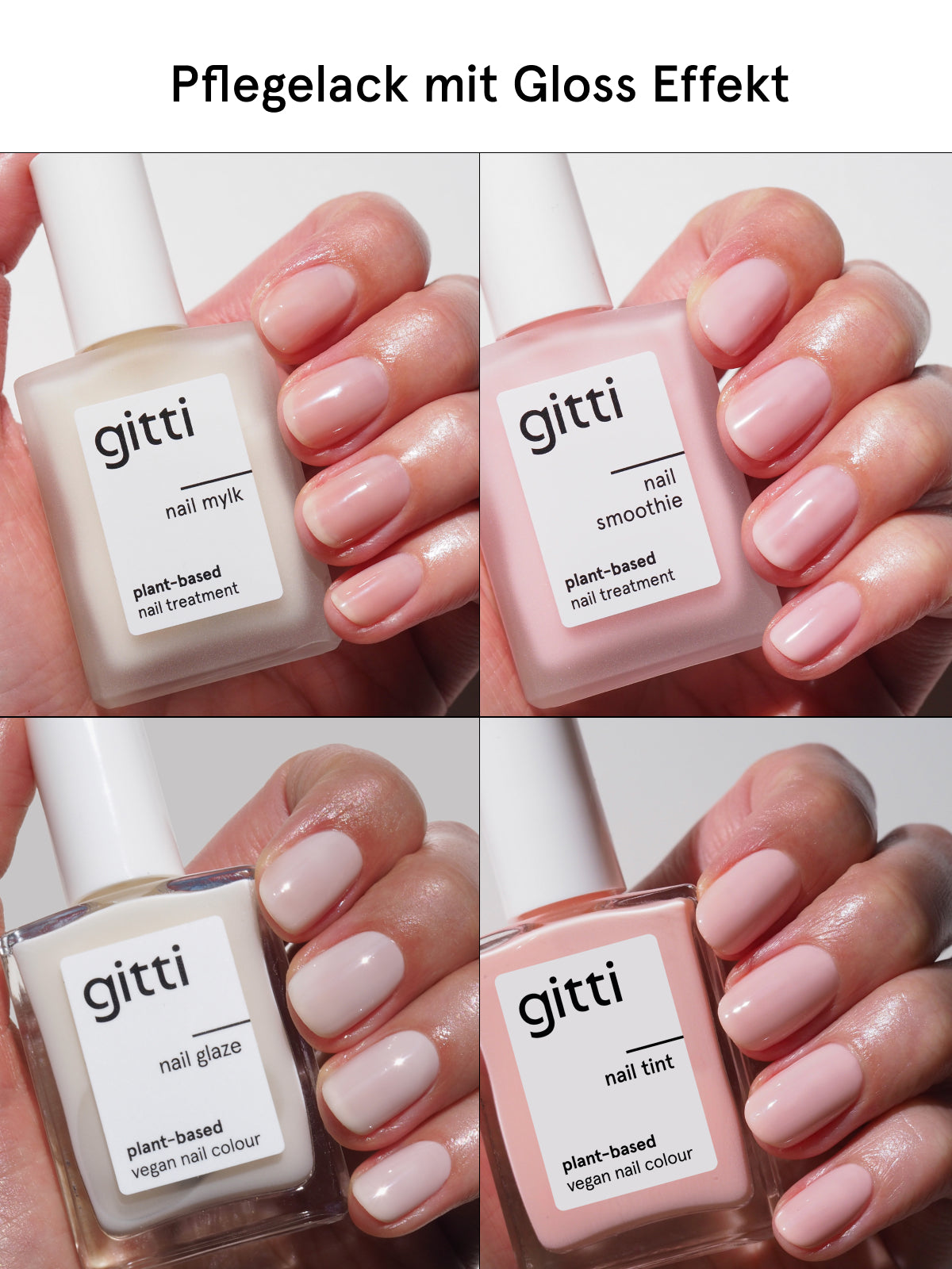 Vier Nahaufnahmen von Händen, die Fläschchen aus dem „gitti Travel Essentials Set“ halten, jeweils mit glänzenden, pflanzlichen Nagellackfarben in neutralen und rosafarbenen Tönen – ideal für natürlich schöne Sommernägel. Dieses Nagelpflege-Set unterstreicht die Vorteile eines pflegenden Nagellacks und verleiht Ihren Nägeln gleichzeitig einen wunderschönen Farbtupfer.