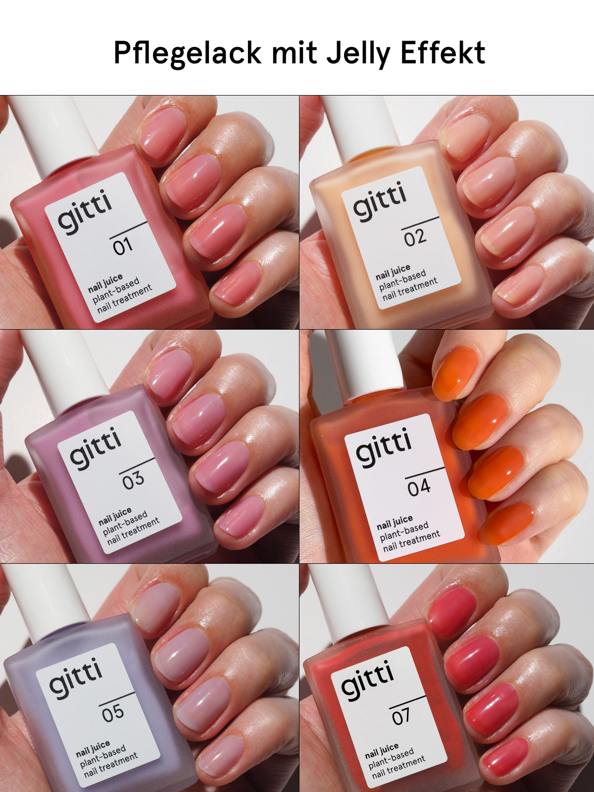 Sechs Nahaufnahmen von Händen, deren Nägel mit transparentem, glänzendem Pflegelack in Rosa-, Pfirsich-, Orange-, Lila- und Rottönen lackiert sind und mit den Nummern 01, 02, 03, 04, 05 und 07 – die perfekte Inspiration für Sommernägel oder als Ergänzung zu Ihrem Reise-Set.
