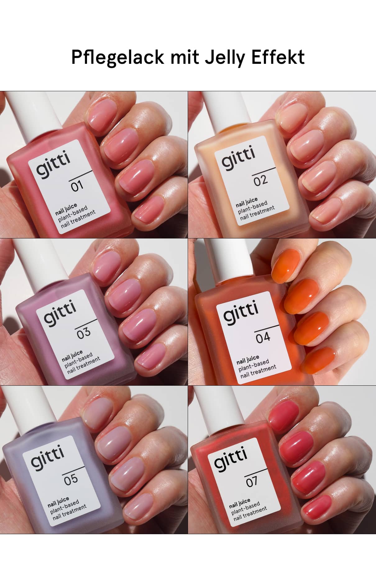 Sechs Nahaufnahmen zeigen gepflegte Hände, die Flaschen von „Nail Essential Starter“ in verschiedenen Jelly-Effekt-Farbtönen halten. Der Text darüber lautet: Pflegelack mit Jelly-Effekt – perfekte Nagelpflege für strahlende Nägel.