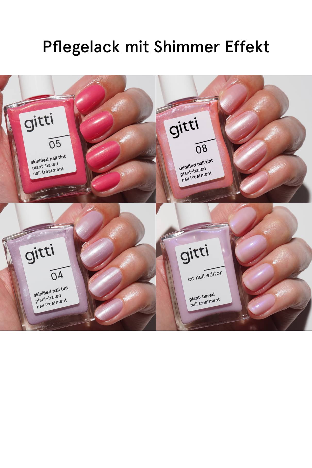 Vier Nahaufnahmen zeigen Hände mit verschiedenen Farbtönen des schimmernden „Nail Essential Starter“, gekennzeichnet mit den Nummern 05, 08, 04 und „cc nail editor“ – eine unverzichtbare Ergänzung für Ihr Maniküre-Set.