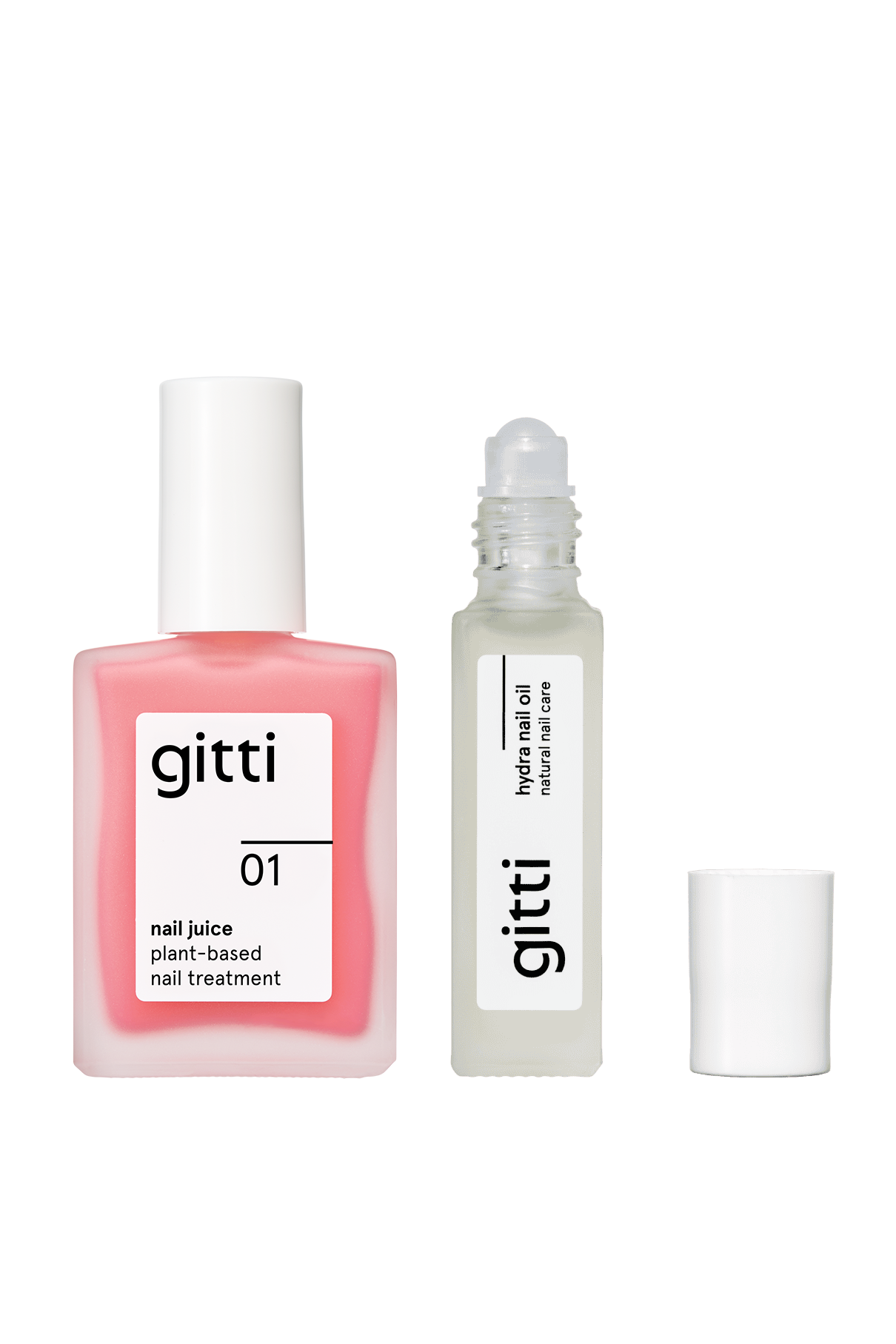 Das Hydra & Treatment Duo besteht aus zwei gitti-Nagelpflegeflaschen - einem rosafarbenen Nail Treatment und einem durchsichtigen Hydra Nail Oil mit Roller-Applikator - auf weißem Hintergrund.