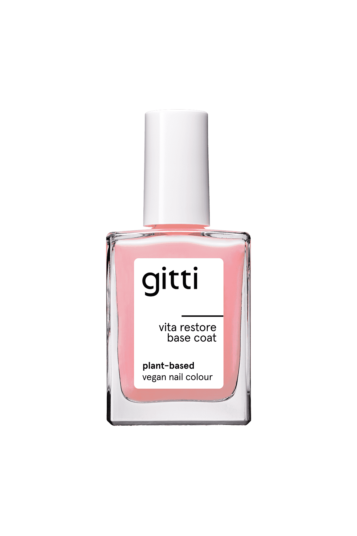 Eine Flasche Vita Restore Base Coat Nagellack mit rosafarbener Flüssigkeit, die als vegane Nagelfarbe auf pflanzlicher Basis gekennzeichnet ist.