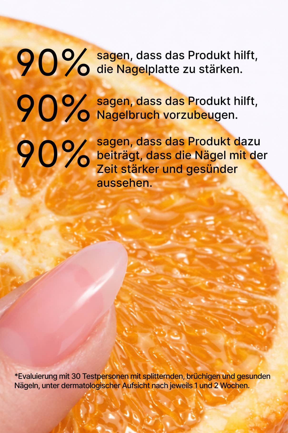 Nahaufnahme eines mit Soap Nails Essentials M lackierten Fingernagels und einer Glasnagelfeile vor einer aufgeschnittenen Orange. Begleitend dazu statistische Aussagen zur Wirksamkeit des Produkts für Nagelpflege auf Deutsch.