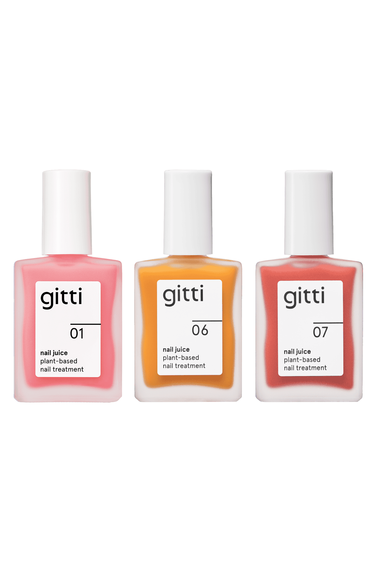 Das „Nail Juice Trio“ besteht aus quadratischen Fläschchen mit dem pflanzlichen Nagellack „gitti veganer Nagellack“ in den Farben Rosa (01), Orange (06) und Rot (07) mit weißen Verschlüssen und Etiketten, vor einem weißen Hintergrund. Ausgezeichnet mit dem PETA Vegan Award.