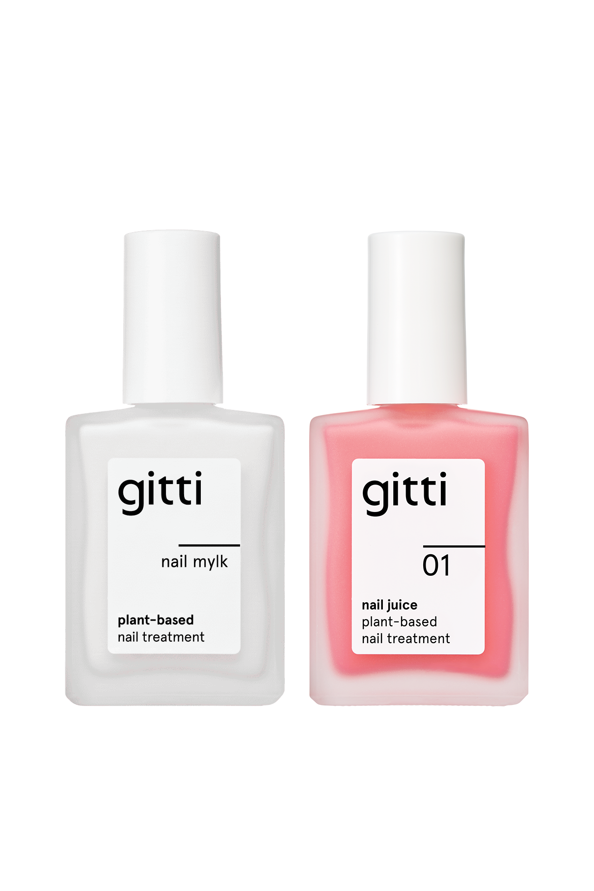 Das Nail Mylk & Juice Duo enthält einen milchig-weißen (Nail Mylk) und einen rosafarbenen (01 Nail Juice) Pflegelack, beide mit weißen Kappen - ideal zur Stärkung der Nägel mit pflanzlicher Pflege.