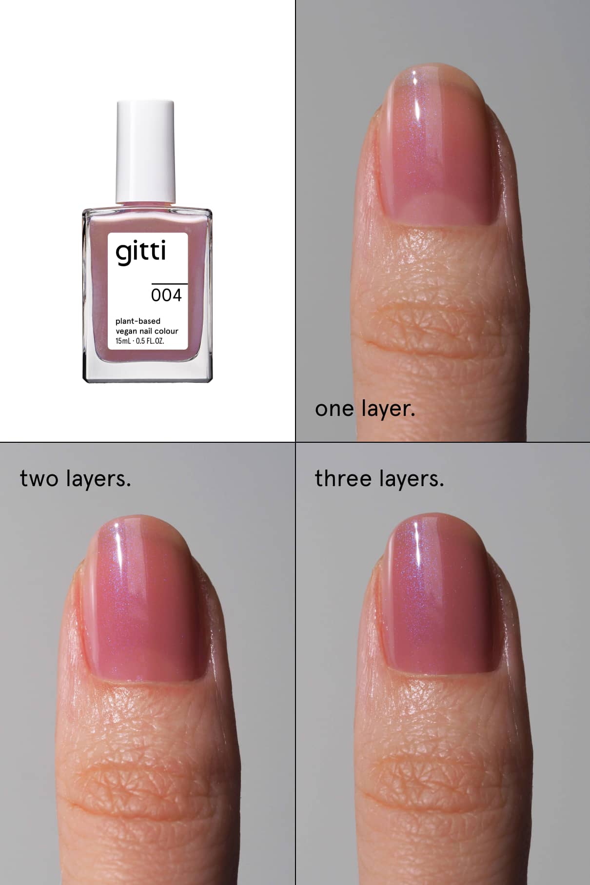 Eine Flasche gitti no. 004, ein seidiger Mauve-Ton, und Nahaufnahmen eines Nagels mit einer, zwei und drei Schichten zeigen die zunehmende Farbintensität.